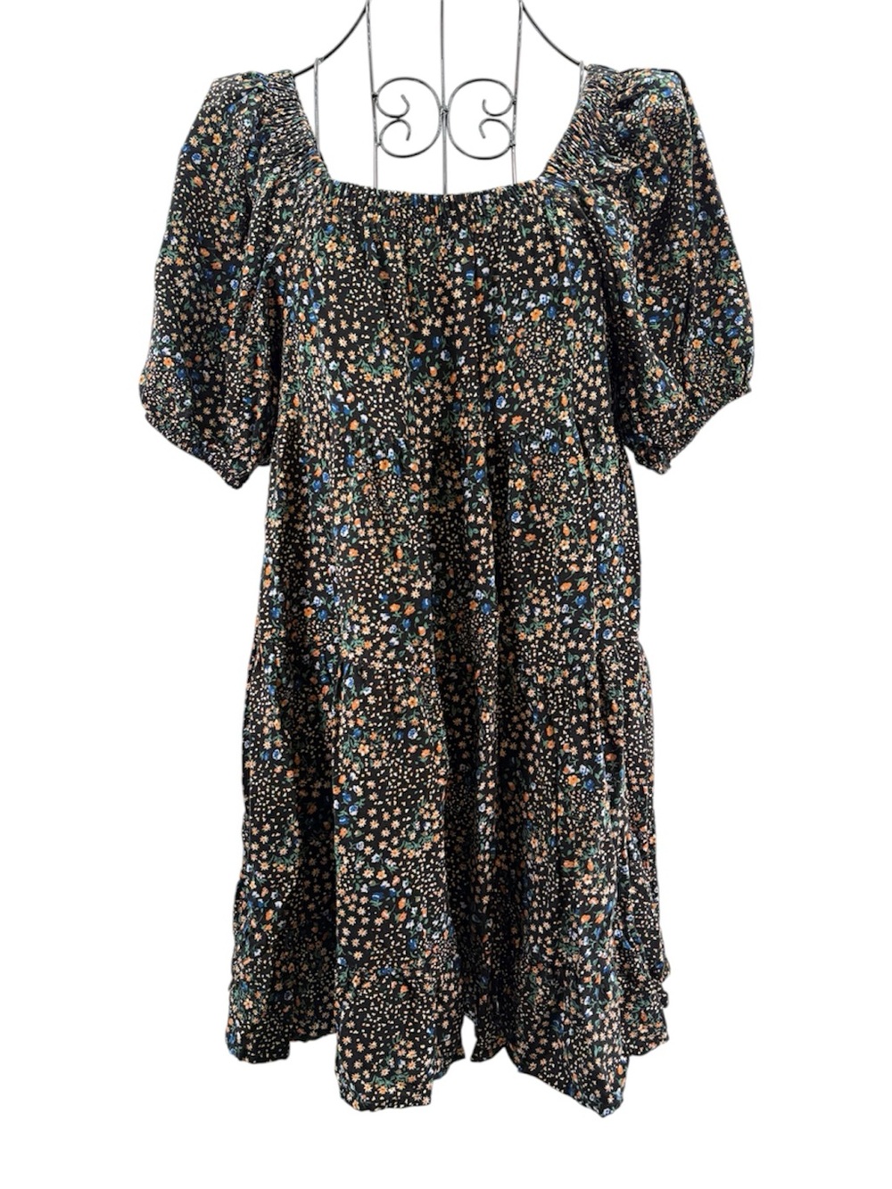 Wild Fable Black Floral Cottagecore Prairie Country Tiered Mini Dress Size XS